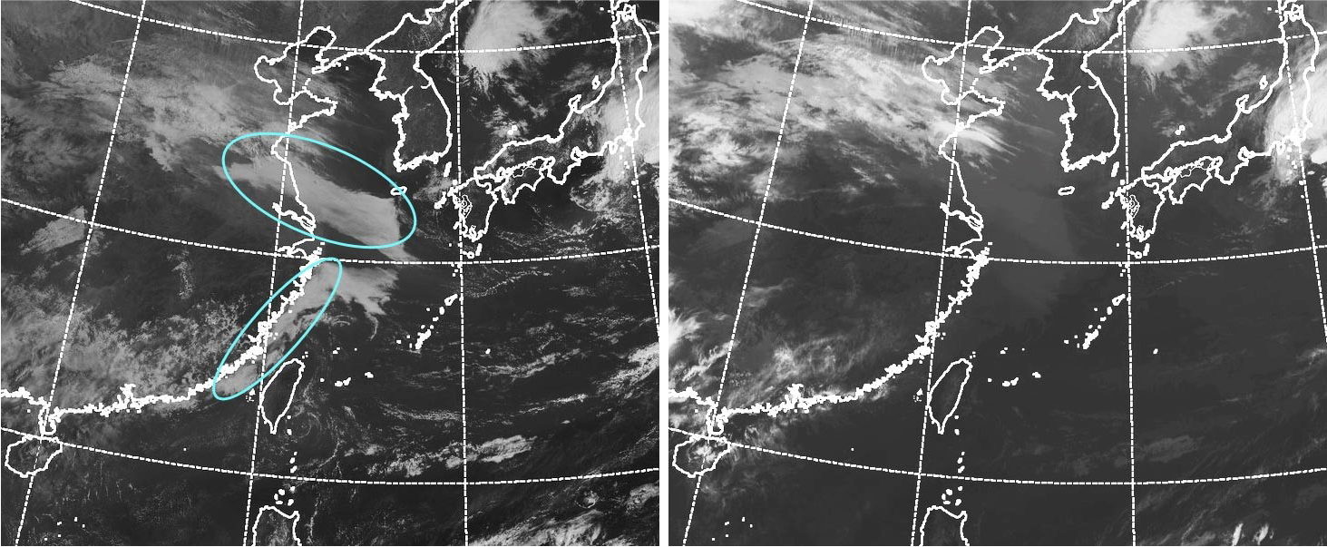 108年4月8日8時，在可見光雲圖影像顯示從臺灣海峽到浙江沿岸以及黃海可見明顯霧區，但是紅外線雲圖影像中，則為暗灰色與週遭無雲區幾乎無法分辨。