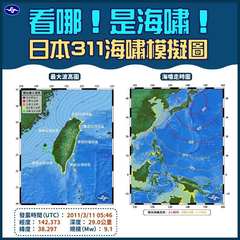 日本311海嘯模擬圖。
