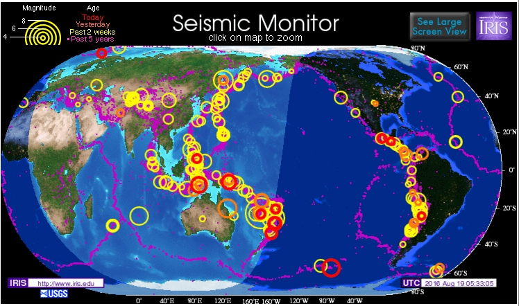 圖片顯示世界各地地震發生的區域及頻率，與三大地震帶相當吻合
