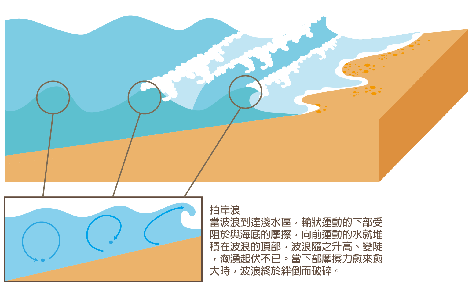 波浪靠近岸邊時，水分子的圓周運動因海底地形的摩擦力影響而波速變小，向前運動的水分子逐漸堆高；當波峰被迫向前時，失去底部支撐力，向下掉落破碎，形成浪花