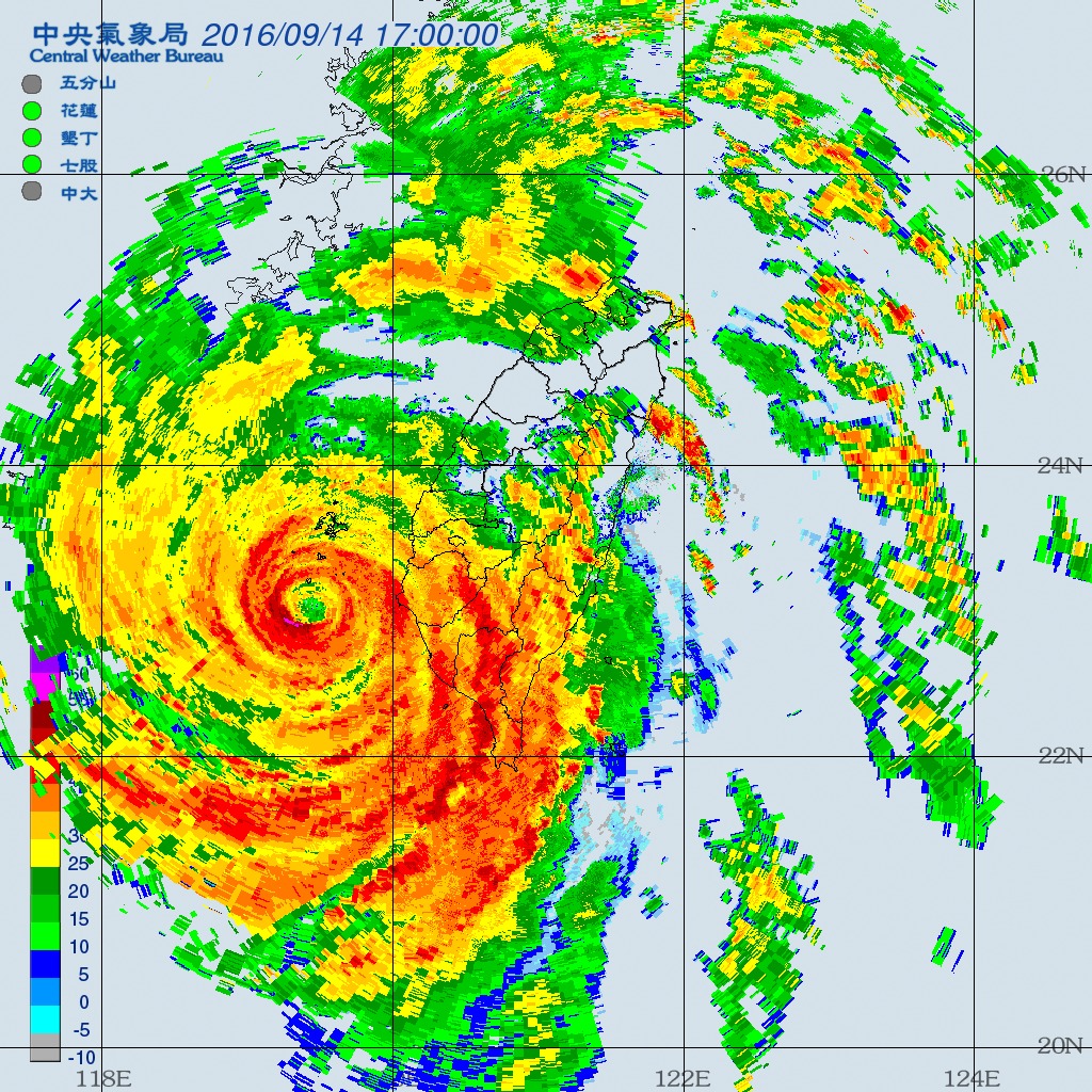 不同顏色的雷達回波圖可呈現回波的強弱，藉由雷達回波強度的變化，即可瞭解2016年莫蘭蒂颱風侵臺時各地區降雨強度的變化。