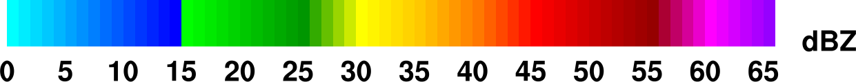 雷達回波顏色表，顏色從淺藍、藍、綠、黃、紅到紫變化，若顏色越靠近橘紅或紫色表示回波越強，降雨強度越大。