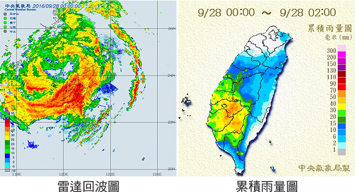 透過雷達回波圖可以看出臺灣西南部縣市回波強度較強，因強回波區持續滯留在該地區，使得累積雨量資料在該地區也呈現出明顯的降雨中心