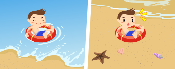 小朋友坐在游泳圈上，在靠近沙灘處漂流，過一會兒海水退去，小朋友的游泳圈變成在沙灘上