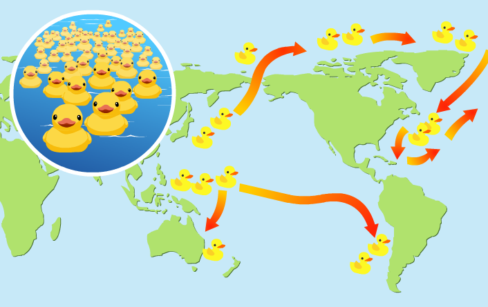 成群的黃色小鴨玩具，隨著海流飄洋過海到達不同的國家