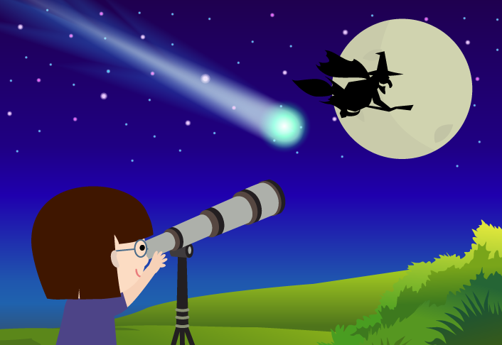 小朋友用天文望遠鏡觀察彗星，彗星就像故事書裡的巫婆坐著掃把飛過去的樣子